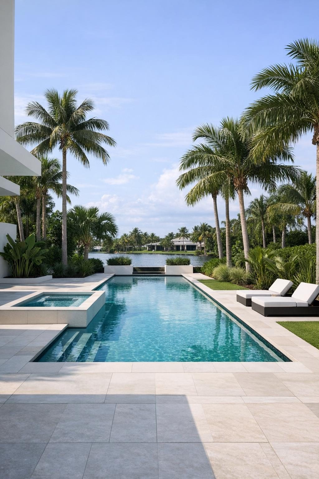 a completed pool with palm trees